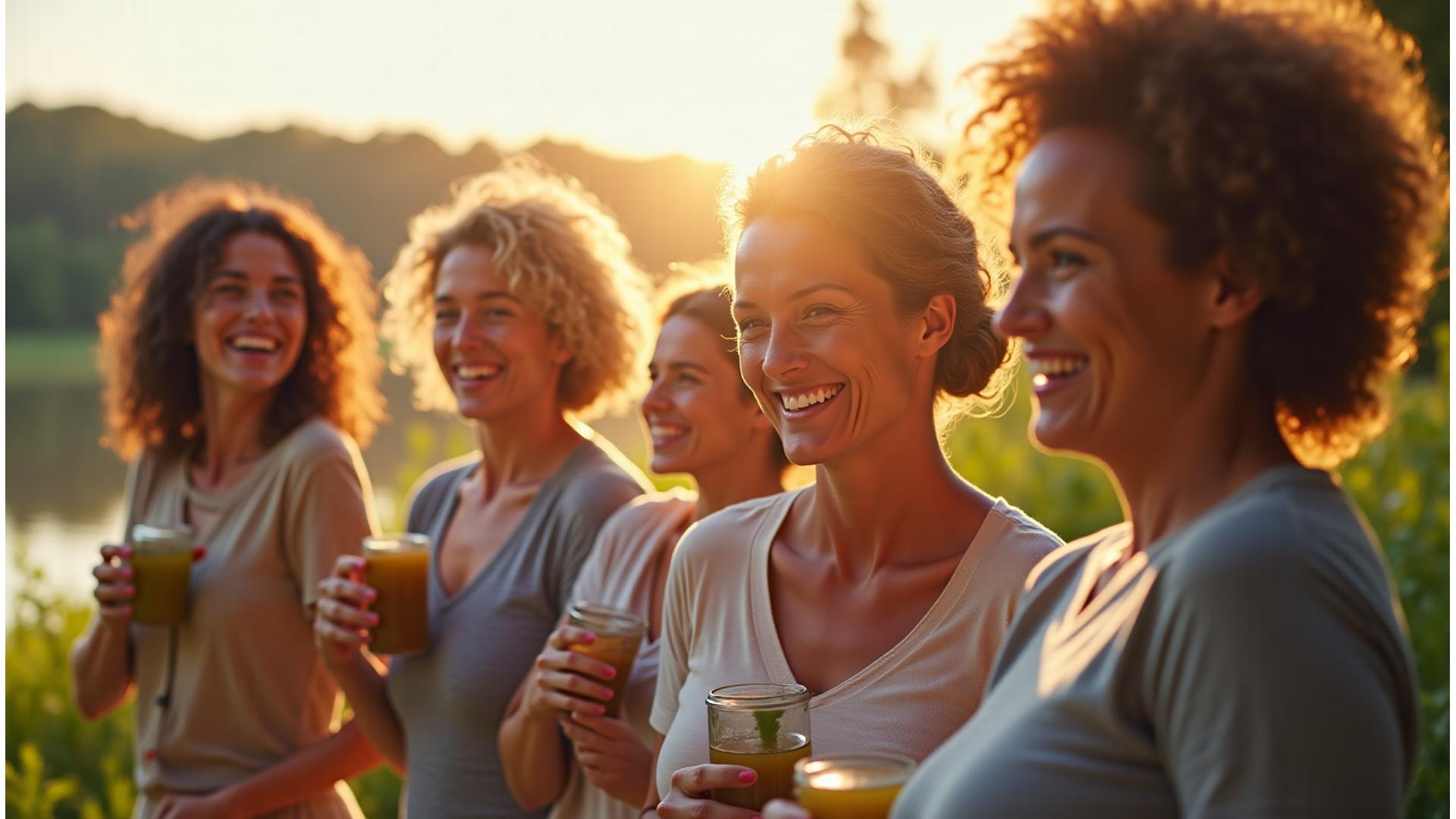 Diverse group of vibrant, smiling adults over 35 engaging in healthy activities like yoga, hiking, and joyful conversation in a sunny, natural setting, symbolizing vitality and healthy aging.