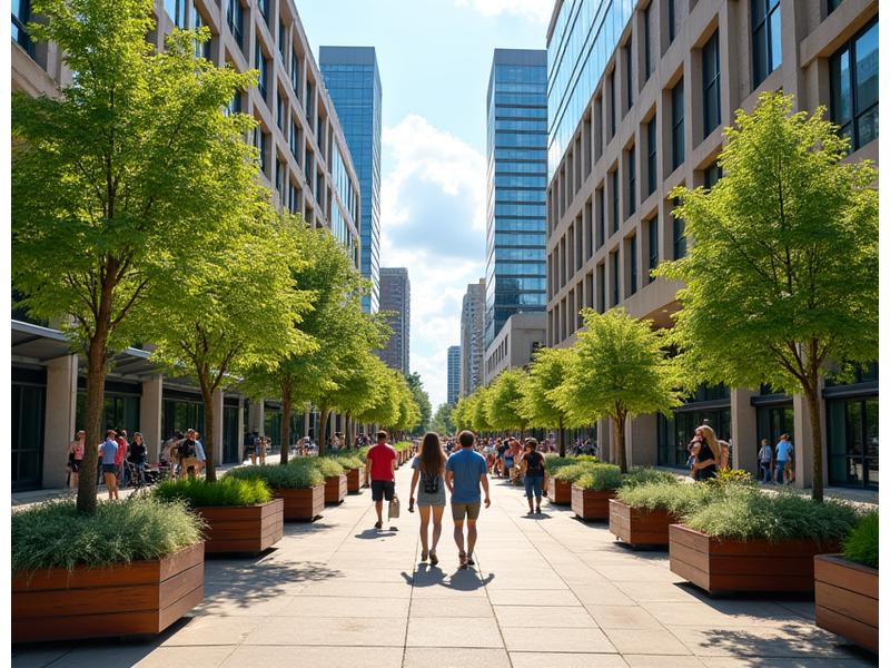 A vibrant street scene in downtown Charlotte, North Carolina, featuring modern buildings, green spaces, and diverse people enjoying an urban environment, reflecting a thriving community.