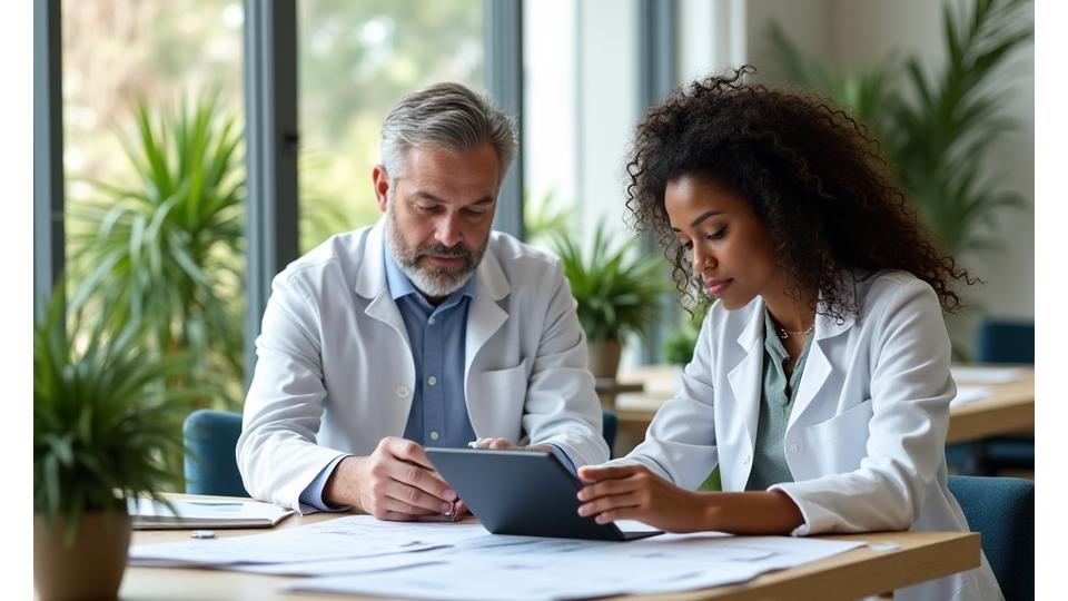 Two diverse health professionals, a man and a woman in their 40s, collaborating over detailed wellness plans in a bright, modern office with soft natural light, symbolizing partnership and thoughtful planning.