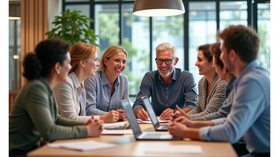 A diverse group of smiling professionals, varying in age and background, happily collaborating in a bright, contemporary office space, showcasing an inclusive and positive work culture.