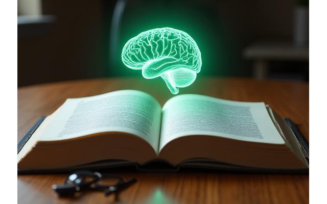Open book with holographic brain emitting subtle light, symbolizing 'Complete Guide to Brain Health After 35' on a sophisticated wooden desk.