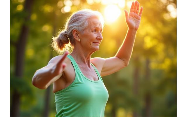Dynamic shot of an active senior performing a gentle stretching exercise outdoors, illustrating 'Mobility Mastery: preventing age-related movement limitations.'