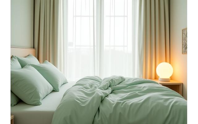 Peaceful bedroom setting with soft, diffused light, crisp white linens, and a subtle glowing element, representing 'Sleep Quality Enhancement.'