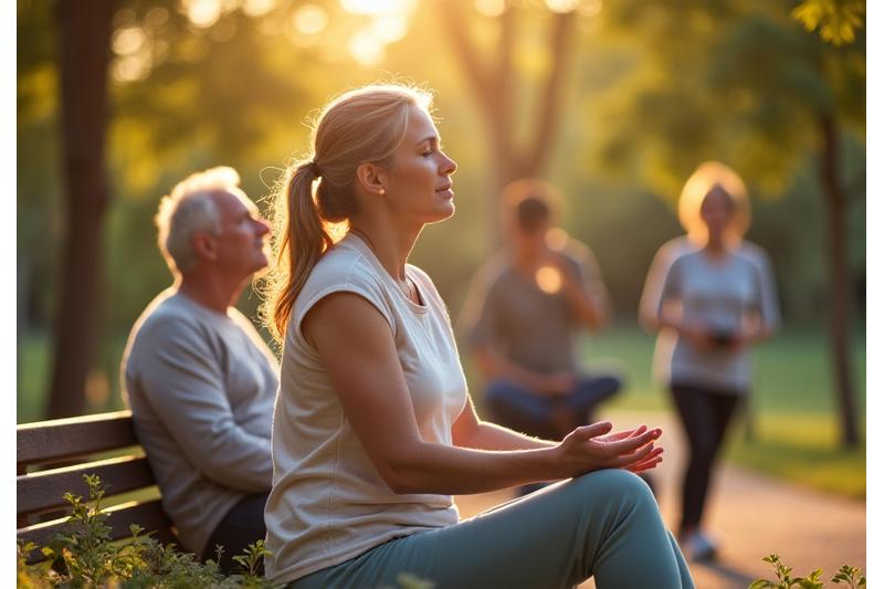 Diverse group of adults engaged in mindful wellness activities like gentle yoga, reading, and walking in a vibrant park setting, symbolizing holistic healthy aging.