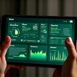 Illustration of a sleek tablet displaying a complex health dashboard with graphs and risk indicators, symbolizing 'Aging Risk Assessment.'