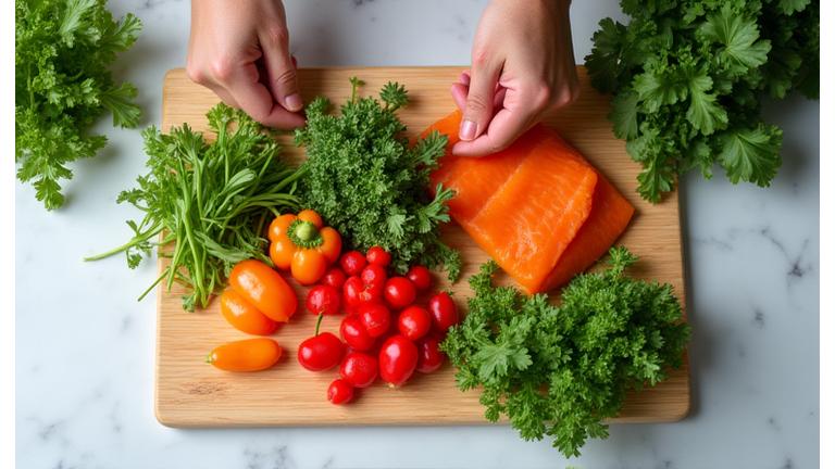 A top-down shot of a vibrant, healthy meal being prepared by hands holding fresh ingredients, in a bright, modern kitchen setting.