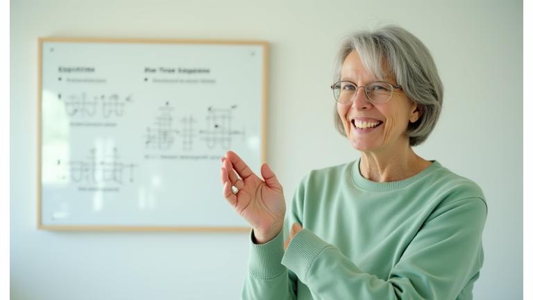 A clear screen grab of a friendly instructor demonstrating a precise cognitive exercise with a serene expression, a white board with simple diagrams in the background.