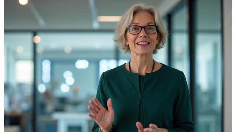 Screenshot of a distinguished female scientist in a professional studio setting, mid-explanation, with graphs and molecular diagrams subtly in the background.