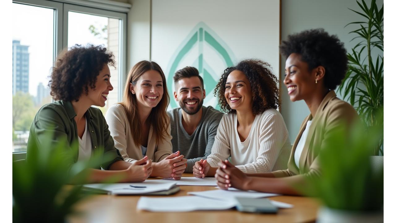 A diverse team of wellness experts smiling and working together in a modern, plant-filled office in Charlotte, signifying approachable and professional support.
