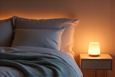 A serene bedroom scene with soft lighting, weighted blanket, and calming essential oil diffuser.