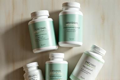 Variety of neatly arranged nutritional supplement bottles.