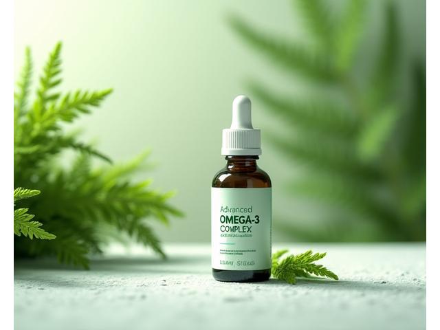 Featured product on a minimalist table with green plants, symbolizing natural health and quality.