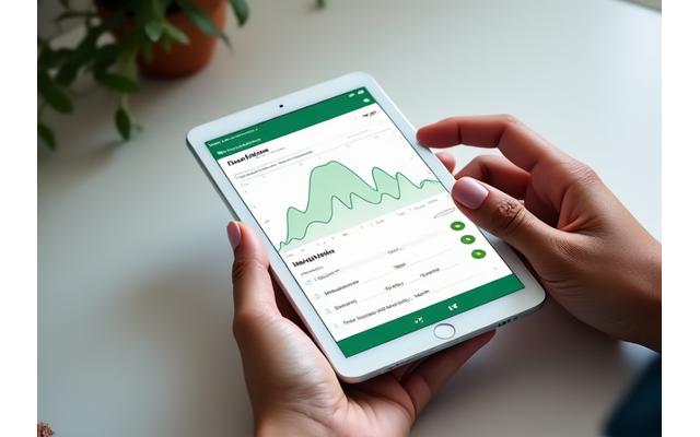 A hand interacting with a clean, modern wellness app interface displaying progress charts and health metrics.