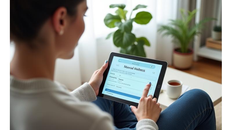 Woman reviewing her personalized wellness plan on a tablet, surrounded by serene, organized elements.