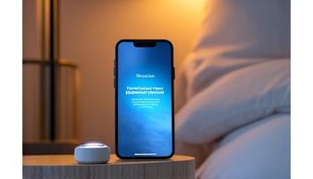 Modern sleep tracker on a bedside table, next to a smartphone showing a meditation app.