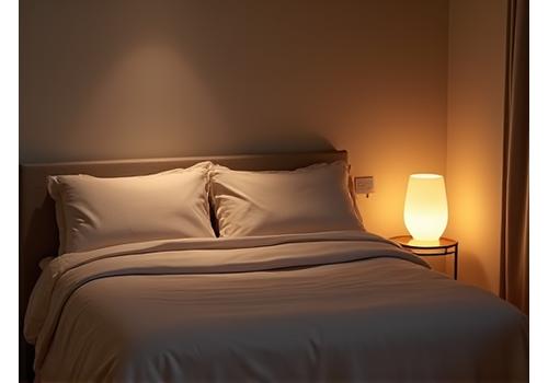 A tranquil bedroom scene with soft lighting, premium bedding, and a sleep tracking device, emphasizing optimal sleep environment.