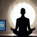 Person practicing a short 5-minute meditation in a home office, calm and focused.