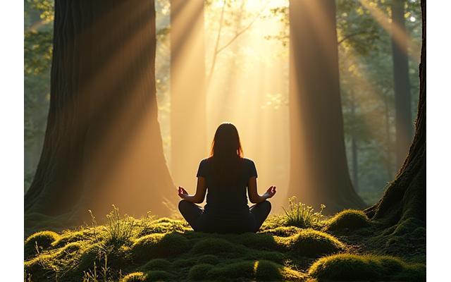 Person meditating in a natural, lush green forest with sunlight filtering through trees