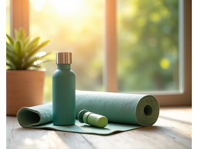 Eco-friendly yoga mat rolled up with a reusable water bottle, made from recycled materials