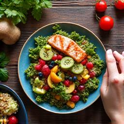 A vibrant, well-composed shot of a healthy and colorful meal (e.g., quinoa salad with lean protein, fresh berries) on a rustic wooden table, with hands subtly reaching for it, suggesting mindful eating. Natural light, warm and inviting atmosphere, colors from the accent and primary palettes.