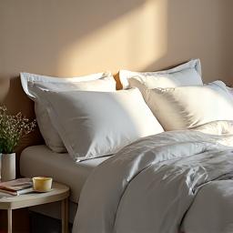 A tranquil bedroom scene with soft, inviting bedding and filtered morning light, perhaps a cup of herbal tea on a nightstand, conveying peaceful rest and rejuvenation. Warm, soft lighting, calm and dreamlike atmosphere. Dominated by background and primaryLight colors.