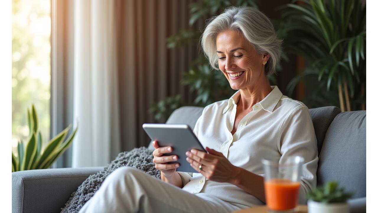 A serene woman in her late 40s smiling while reading a health blog on a tablet in a well-lit living room, healthy smoothie beside her, embodying calm and informed wellness.