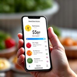 A smartphone screen displaying an intuitive nutrition tracking app interface, vibrant with icons for different food groups and a progress bar. A hand is gently interacting with the screen. Colors from the full palette, emphasizing balanced intake.