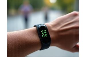 Sleek fitness tracker on a wrist, showing activity rings and step count.